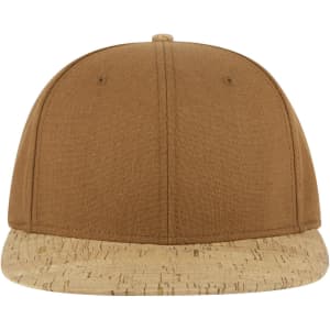 A snapback cap featuring a brown fabric upper and a cork brim, with a logo on the front.