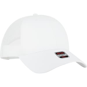 A white Low Profile Trucker Cap featuring a mesh back and a branded patch on the front.