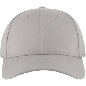 A grey 6 panel low profile baseball cap with a curved brim and a logo.