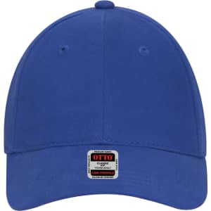 A blue low profile baseball cap with a logo on the front and a classic six-panel structure.