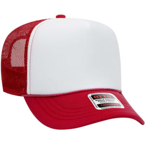 A red and white 5 Panel High Crown Trucker Cap with a mesh back and a logo on the front.