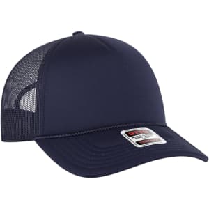 A navy 5 panel low profile trucker cap with a mesh back and a logo badge on the front.