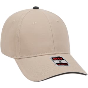 A beige low profile baseball cap with a curved brim and a logo on the side.