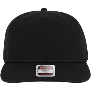 A black 5 panel mid-profile baseball hat with a braided band and logo features on the front.