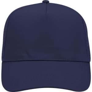 A navy 5 Panel Mid Profile Trucker Cap with a structured front and a breathable mesh back.