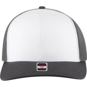 A grey and white six-panel mid-profile trucker cap with a mesh back and a logo on the front.