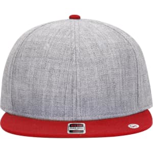 A snapback cap featuring a grey body and a red brim, with a logo on the side.