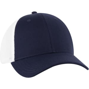 A navy blue trucker cap with a low profile and a white mesh back, featuring a logo on the front.