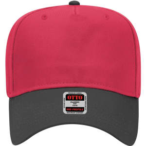 A red and black 5 panel mid crown baseball cap with a logo on the front panel.