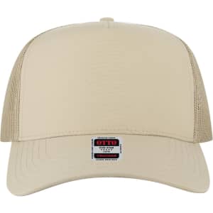 A beige 5 panel mid profile trucker cap with mesh sides and a branded patch on the front.