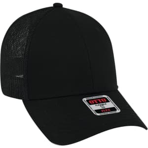 A black 6 panel low profile trucker cap with mesh sides and a branded label on the front.