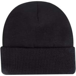 A black knit beanie with a folded cuff and a smooth upper section, featuring a logo.