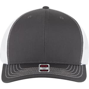 A grey and white 6 panel mid profile trucker cap featuring a logo on the front and contrast stitching.