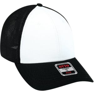 A black and white 6 panel low profile trucker cap with a mesh back and a logo on the front.