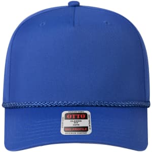 A blue 5 panel mid profile baseball cap featuring a braided accent and a logo on the front.