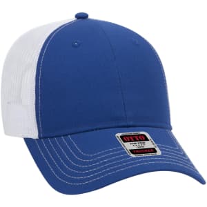 A blue and white six-panel low-profile trucker cap featuring a logo on the front.