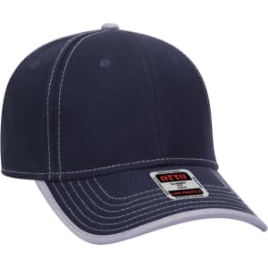 A six-panel low-profile baseball cap in navy blue with contrasting stitching and a logo tag on the front.