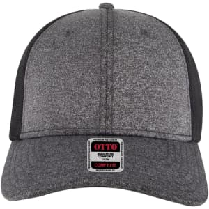 A grey six-panel low-profile baseball cap featuring a black mesh back and an attached logo label.