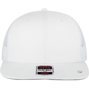 A flat bill trucker cap in white with a mesh back and a branded label on the front.