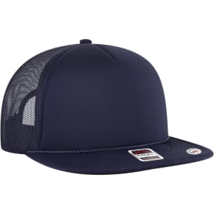 A navy blue 5 Panel Style Trucker Cap with a mesh back and a logo on the side.