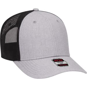 A grey and black trucker cap featuring a mesh back and a branded label on the front.