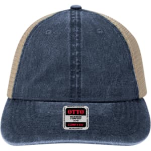 A denim blue trucker cap with a beige mesh back and a logo label on the front.