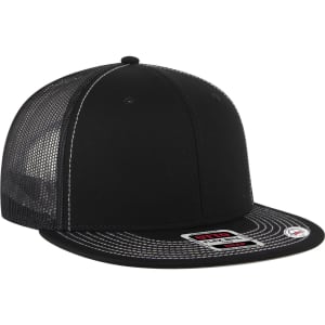 A black 6-panel mid-profile trucker cap featuring a mesh back and a flat brim, with a logo on the front.