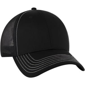 A black 6 panel low profile trucker cap with mesh sides and contrasting white stitching, featuring a logo on the front.