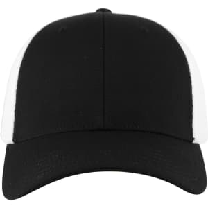 A black and white low profile trucker cap with a curved brim and a logo on the front panel.