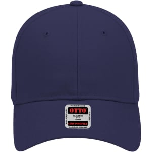 A navy blue 6 panel low profile baseball cap featuring a logo label on the front.