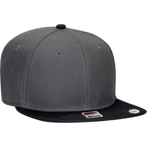 A grey mid-profile snapback cap with a black visor and a small logo on the side.