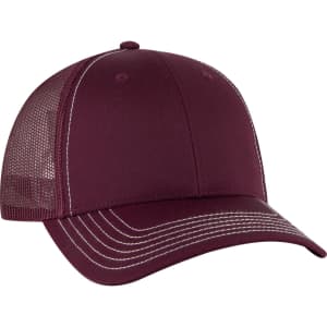 A maroon 6-panel low-profile trucker cap featuring mesh side panels and a stitched brim. It has a logo on the front.