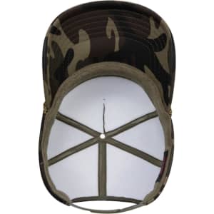 A camouflage 5 Panel High Crown Full Foam Cap featuring a solid white interior and a logo on the exterior.