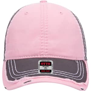 A pink and grey 6 panel low profile dad cap with stitching details and a logo tag on the underside of the brim.