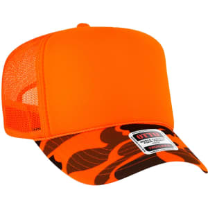 An orange 5 panel high crown trucker cap with a camo-patterned brim and a mesh back. It features a logo.