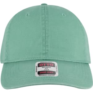 A mint green 6 panel low profile dad cap with a logo on the front.