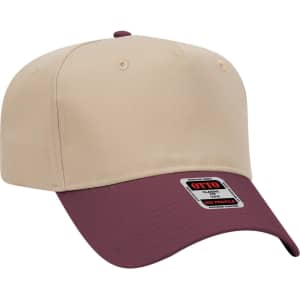 A beige and maroon 5 panel mid crown baseball cap with a logo on the side.