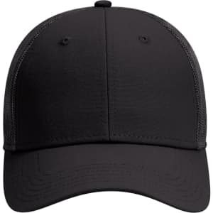 A black 6 panel low profile trucker cap with mesh sides and a solid front, featuring a logo on the front.