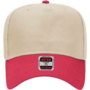 A beige and red 5-panel mid crown baseball cap with a logo on the front.