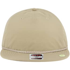 A beige 5 Panel Pro Style Baseball Cap with a braided trim and a logo on the front.