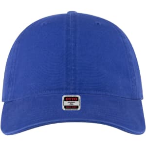 A blue six-panel low profile dad cap featuring a logo on the front.
