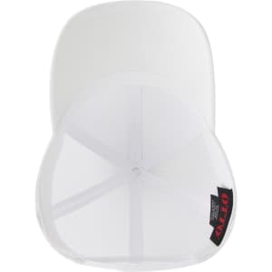 A white 6-panel low profile trucker cap with a mesh back and an inner tag.