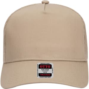 A tan 5 Panel Mid Profile Trucker Cap with a mesh back and a small logo label.