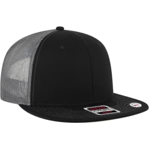 A black six-panel mid-profile trucker cap with a grey undervisor and mesh side panels. It features a logo on the front.