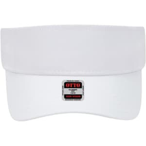 A white sun visor with a wide brim, featuring a logo on the band.