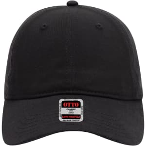 A black low profile baseball cap with a front panel and a logo on the label.