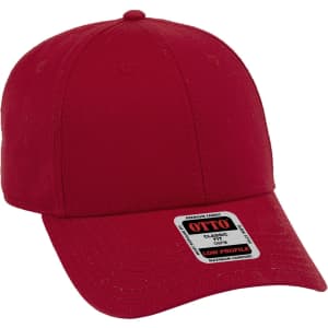 A red 6 panel low profile baseball cap with a tag that features a logo.