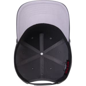 An overhead view of a 5-panel mid-profile baseball cap in black, featuring a grey underbrim and a logo inside.