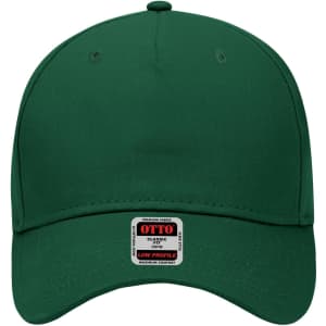 A green 5 panel low profile baseball cap featuring a logo on a label at the front.