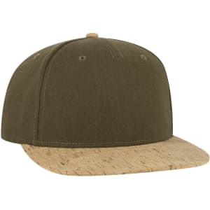 A five-panel snapback cap in olive green with a cork leather brim. Features a logo on the front.